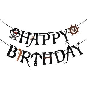 Black Felt Pirate Party Banner عيد ميلاد سعيد لوازم الرايات Skull Pirate Party Decorations للبالغين أطفال (من 5 إلى 50 عامًا)