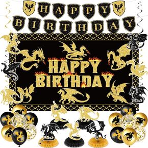 Dragon Birthday Party Decorations 27pcs Black Gold Dragon Knight Party Supplies مع أجنحة عيد ميلاد النار الخلفية Backdrop Honeycomb Topper Balloons for Kids Dinosaur