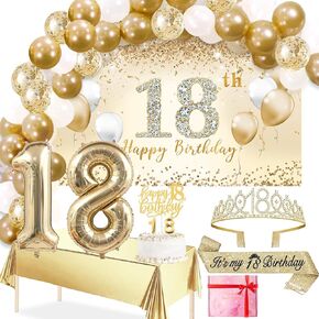 Trgowaul 18th Decortations Balloon Set Birls Arch ، Gold 18th Birity Banner and Party tableth ، Belt and Tiara ، Balloon 18th Gold ، Top Birthday Cake Top ، Philox Balloon * 60