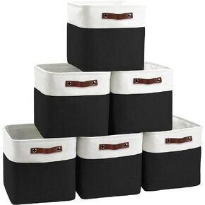 Cube Storage Baskets 6 Pack, 11x11 inch Foldable Cube Storage Bins with Leather Handles for Shelf Closet Nursery Toys (White/ Purple)