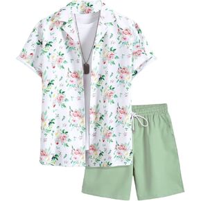OYOANGLE Men's Tropical 2 Piece Outfits Floral Print Short Sleeve Button Down Shirts and Drawstring Waist Shorts Set