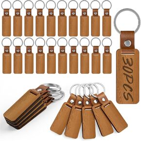 30 pcs key -keychain blanks ، سلسلة مفاتيح خشبية مع حزام جلدي ، مفتاح حلقة مفتاح خشبي غير مكتم