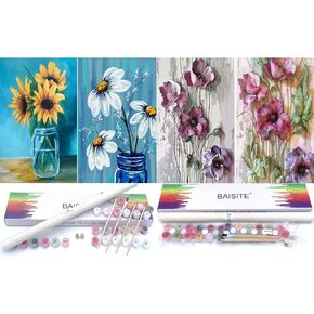 Baisite 4 Pack Paint by Numbers مجموعة للمبتدئين البالغين ، 12 "WX16 L Canvas صور رسم الطلاء مع 16 قطعة من الفرشاة الخشبية ، صبغة أكريليك في صندوق الهدايا ، الزهور