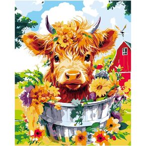 Fysuimu Highland Cow Paint by Numbers Att for البالغين المبتدئين غير المؤطرين بأزهار الزيت DIY مجموعات الطلاء بالزيت الماشية زهرة الطلاء الأكريليك بالرقم لصالح Decor