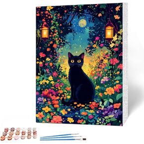 Maxbye Black Cat Paint by Numbers Att for البالغين المبتدئين مع إطار خشبي ، طلاء البالغين على شاطئ البحر من أدوات الأرقام ، الطلاء البالغين بأرقام أقطار DIY لطلاء الزيت للهدية ديكور جدار المنزل 12x16in