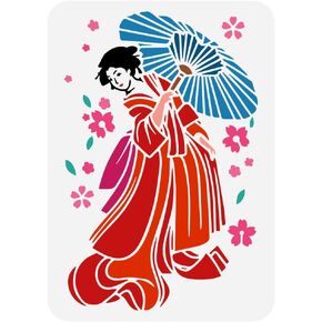 إصبع البلاش Geisha المظلة استنسل للطلاء 8.3x11.7inch بلاستيك أليف أزهار الكرز اللوحة استنسل جوفاء المظلة امرأة الرسم القالب