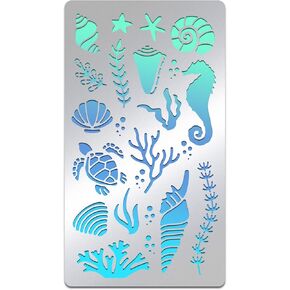 Benecreat Sea Animal Stencils 7 × 4 بوصة المخلوقات المحيطية قالب اللوحة السلاحف الشعاب المرجانية محارة من الفولاذ المقاوم للصدأ