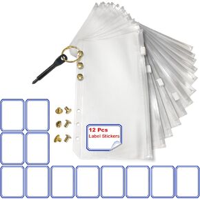 12pcs A6 Binder إدراج ، 6 ثقوب الأظرف النقدية للميزنة ، و clear Zipper Money Money Mone
