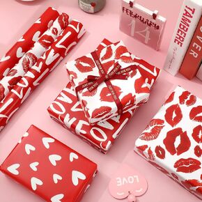 Jarthenaamcs 3 Rolls Valentine Day Rapping Paper - Mini Roll - 17 inch × 16.4 قدم Love Heart Lip Print Paper Paper Red Art Paper للذكرى السنوية