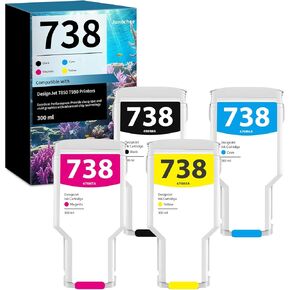 DesignJet 738 Ink Cartridge 300-ml Replacement for HP 738 Ink Cartridge Black Cyan Magenta Yellow for DesignJet T850 T950 Printer 498N8A 676M6A 676M7A 676M8A, 4-Pack