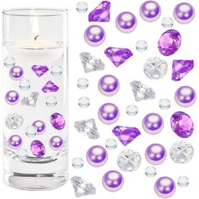Happyfiller Acrylic Diamonds Gemstones Mix Mix Purple Faux Learls Beads for Wedding Table Scatters ، Fashlos ، ترتيب الأزهار ، القطع المركزية للحفلات ، تزيين حامل الشمعة ، هدية دش الزفاف ، 8.8 أوقية