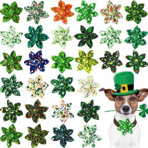 Jexine 60 Pieces St. Patrick's Dog Collar Flowers Bulk Clover Pet Bow Ties Charms Grooming for Dog Accessories Small Medium Large Cat Puppy Collar Attachment St. Patrick's Day Costume