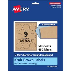 Avery Kraft Brown Round Round Scalloped Labels مع تغذية مؤكدة ، قطرها 2.5 بوصة ، 135 ملصقات بنية Kraft ، ملصقات طباعة للطباعة والليزر/الحبر القابلة للطباعة
