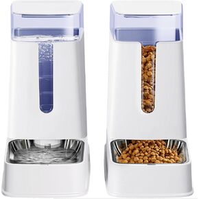 Cat Food Dispenser and Cat Water Dispenser Set with Stainless Steel Bowls Gravity Dog Feeder for Small Medium Big Cat Dog Pet Puppy Kitten, 1 Gallon x 2