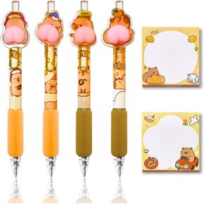 4pcs لطيف كابيبارا هلام أقلام قابلة للسحب مع 100pcs ملاحظات لزجة كرتون لطيف ، كاواي أقل