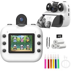 Kids Instant Print Camera, Holiday Birthday Gifts Portable Toys for 3-12 Years Old, Printable, Photo, Video, Game, Music with 32GB SD Card - Black and White