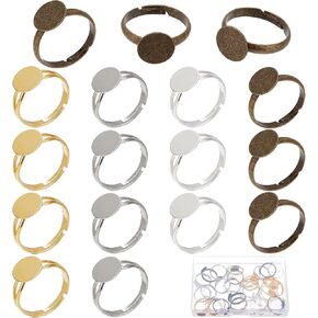 Sunnyclue 1 Box 52pcs 4 Color Ring Ring Base Rings Flate Flat 10mm Finger Ring Blanks وضع Gold Silver Cabochon Bezel Rings لنتائج المجوهر
