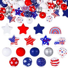 Glenmal 190 PCS 4th of July Wood Beads حبات خشبية وطني للحرف اليدوية 16 مم 20 ملم أبيض وأزرق يوم الاستقلال التذكاري يوم الاستقلال في أمريكا.
