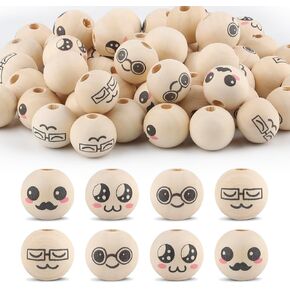 80pcs حبات خشبية للحرف اليدوية ، والخرز الخشبي ابتسامة 20 ملم مع ثقوب ، والخرز الخشبي للوجه الطبيعية لحرف DIY ، وصنع المجوهرات ، وزينة الملاك (النمط 1)