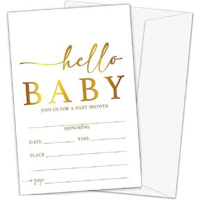 ZIIUFRN 25 Classic Gold Baby Shower Invitations with Envelopes, Baby Shower Diaper Raffle Tickets and Books for Baby Cards-A07