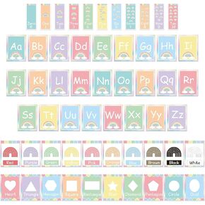 Pastel Alphabet رقم Bulletin Board Set ABC Letters Poster Classroom Decorations Colorful Shapes Clutouts Rainbow Wall Beards Educational Cards for Prosser Supplies Presery Prevery Ristory