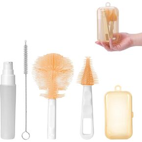 Travel Bottle Brush Set, Portable Bottle Cleaner Kit with Silicone Bottle Brush, Nipple Brush, Straw Cleaner, Bottle Soap Dispenser (Purple)