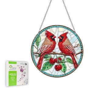 Ginfonr Diamond Painting Kits Hanging Pendant, Red Dove Sun Catcher for Front Door Sign, Animal Rhinestone Summer Decor for Porch, Double Sided Home Hanging Kits for Garden Wall Window (8x8inch)