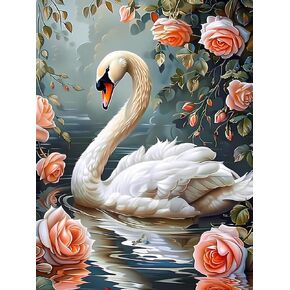 EATUKYIC 5D The Rose and The White Swan Painting Diamond Painting Kits for Adults Beginner, DIY Swan Diamond Art for Home Wall Decor Gifts Full Drill Round Gem Art 12x16 inch