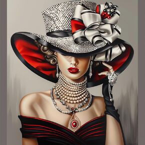 Beauty Elegant Lady Wear Hat 5d Diamond Art Painting by Number Kits for البالغين DIY Paint مع حفر كاملة مستديرة للأحجار الكريمة الفنية لديكور الجدار المنزلي 13.8x13.in