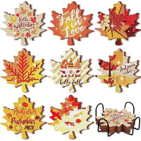 Shellwei 8 Pcs Fall Thanksgiving Diamond Art Coasters Autumn Maple Leaves Diamond Painting Coasters with Holder Thanksgiving Leaves Painting Kit Autumn Orange Crafts for DIY