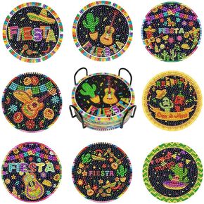 8pcs موضوع مكسيكي ماس آر فني أدوات ، Cinco de Mayo Fiesta Diy Diamond Coasters مع حامل للبالغين والأطفال ، وهدية لوازم الحرف الفنية للأطفال