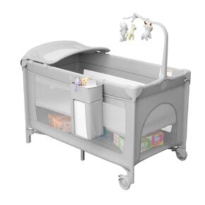 4 in 1 Pack and Play with Changing Table Diaper Organizer & Mattress, Foldable Baby Bassinet Bedside Sleeper, Portable Large Travel Crib Playpen for Newborn to Toddles (Black)