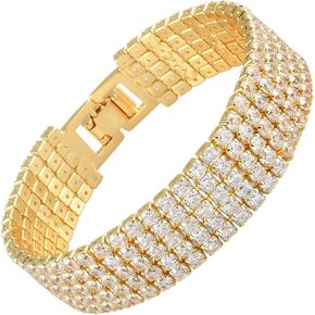 RIZILIA ICONIC Triple Rows 2mm x 4mm White Cubic Zirconia 18K White Gold Plated Wide Tennis Bracelet, 7" in Kuwait