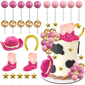 Memovan Cowgirl Cake Topper Cowboy Western Cake Decorations Cowgirl Hat and Boots Birthday Cake Toppers Pink Cow Balls Cake Topper for Cowgirls Western the Western Party Party Favors