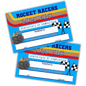 Lashicorn 2025 VBS Racers شهادة الانتهاء 50PK 6x9 "سباق الجائزة لمدرسة المقاومة للكتاب المقدس مع God God Baptist Christian