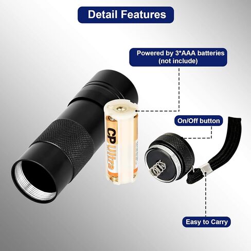 Simple Deluxe UV Flashlight Black Light 395nm Hand-held Detecting Torch for Pet Urine, Stains, Verifying Money Documents, Batteries Not Included, Black in Saudi Arabia