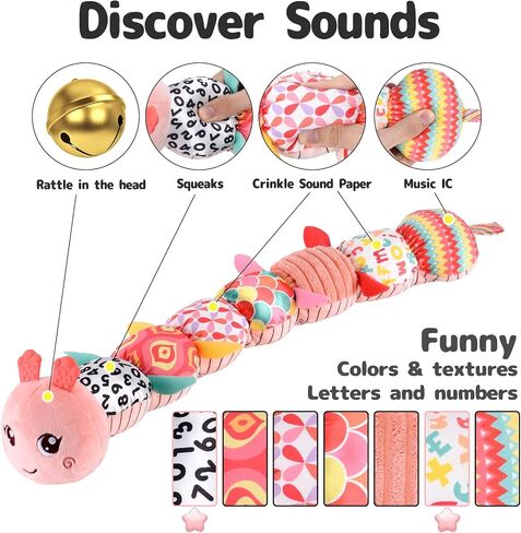 Infant Baby Musical Stuffed Animal Activity Soft Toys with Multi-Sensory Crinkle, Rattle and Textures for 0-3-6-12 Months Developmental Toys, Caterpillar, Purple in Saudi Arabia