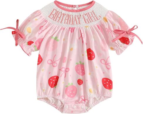Lamuusaa Toddler Baby Girl Birthday Outfit Smocked Birthday Girl Embroidery Romper Bow Print Bodysuit Summer Outfit in Kuwait