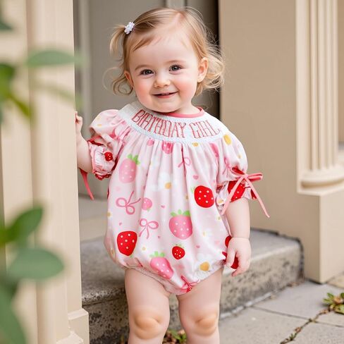 Lamuusaa Toddler Baby Girl Birthday Outfit Smocked Birthday Girl Embroidery Romper Bow Print Bodysuit Summer Outfit in Kuwait