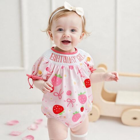 Lamuusaa Toddler Baby Girl Birthday Outfit Smocked Birthday Girl Embroidery Romper Bow Print Bodysuit Summer Outfit in Kuwait