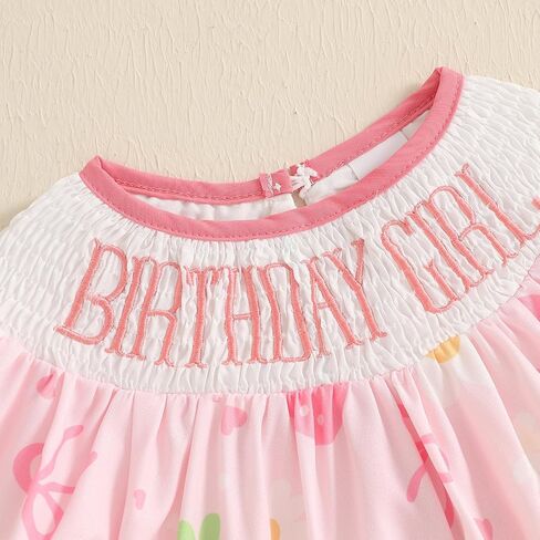 Lamuusaa Toddler Baby Girl Birthday Outfit Smocked Birthday Girl Embroidery Romper Bow Print Bodysuit Summer Outfit in Kuwait