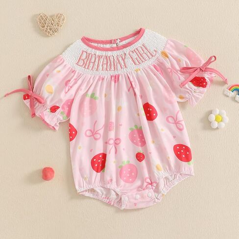 Lamuusaa Toddler Baby Girl Birthday Outfit Smocked Birthday Girl Embroidery Romper Bow Print Bodysuit Summer Outfit in Kuwait