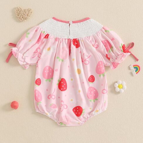 Lamuusaa Toddler Baby Girl Birthday Outfit Smocked Birthday Girl Embroidery Romper Bow Print Bodysuit Summer Outfit in Kuwait