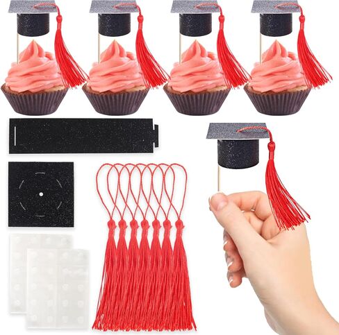 Rsstarxi 24 Pack 2025 Graduation Cap Cupcake Toppers with Red Tassel Class of 2025 Congrats Grad Cap Cupcake Picks Grad Caps Decorations for 2025 Graduation Party Cake Decorations Red in Kuwait