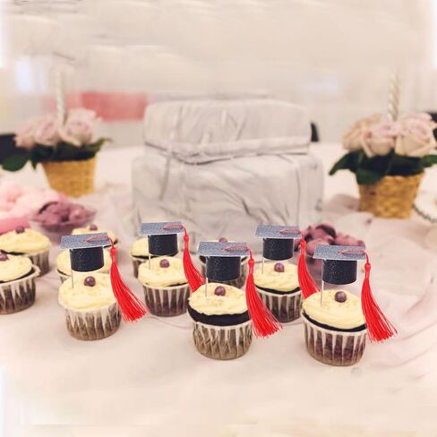 Rsstarxi 24 Pack 2025 Graduation Cap Cupcake Toppers with Red Tassel Class of 2025 Congrats Grad Cap Cupcake Picks Grad Caps Decorations for 2025 Graduation Party Cake Decorations Red in Kuwait
