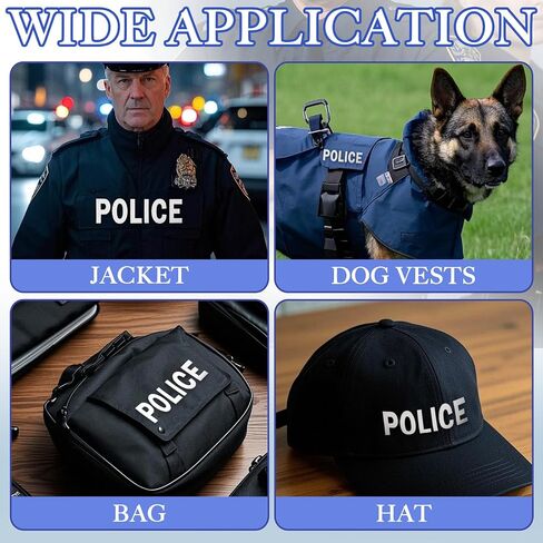 4 Pcs Heat Transfer Police Reflective Police Patch Heat Press DIY Design Iron on Shirts Jacket Vest for Vest Jacket Back, Small (5.4 x 1.57 in), Large (10.3 x 3 in) in Kuwait