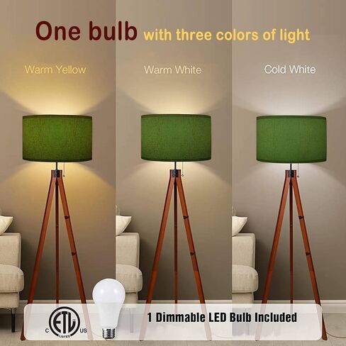 Wood Tripod Floor Lamp Olive Green Frosted Glass Modern Standing Lamp Linen Lampshade Dimmable Tall Lamp Mid Century Floor Lamp for Living Room Bedroom in Saudi Arabia