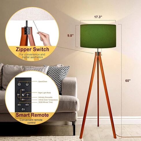 Wood Tripod Floor Lamp Olive Green Frosted Glass Modern Standing Lamp Linen Lampshade Dimmable Tall Lamp Mid Century Floor Lamp for Living Room Bedroom in Saudi Arabia