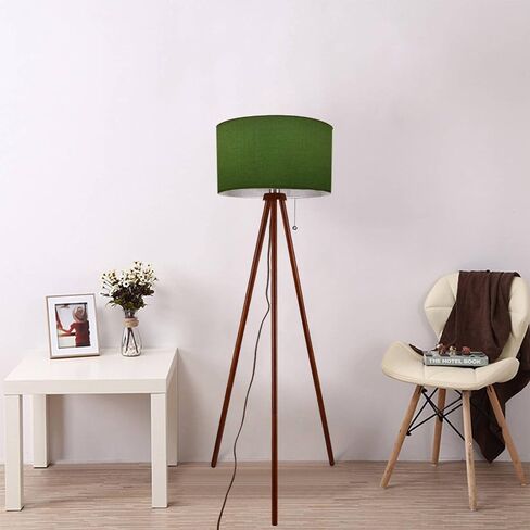 Wood Tripod Floor Lamp Olive Green Frosted Glass Modern Standing Lamp Linen Lampshade Dimmable Tall Lamp Mid Century Floor Lamp for Living Room Bedroom in Saudi Arabia
