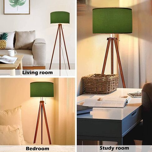 Wood Tripod Floor Lamp Olive Green Frosted Glass Modern Standing Lamp Linen Lampshade Dimmable Tall Lamp Mid Century Floor Lamp for Living Room Bedroom in Saudi Arabia